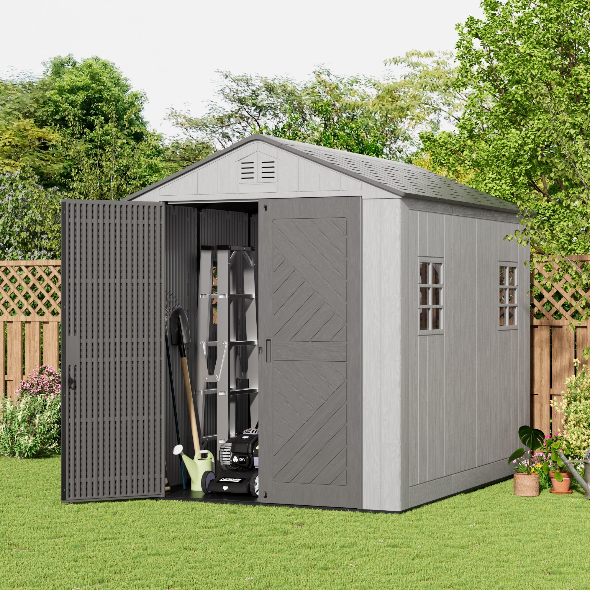 KINYING  Outdoor Storage Shed with Floor,Resin Outdoor Garden Tool Shed with Windows,Lockable Weather Resistant Large Plastic Shed for Bike Storage,Lawn Mower,Pool Supplies