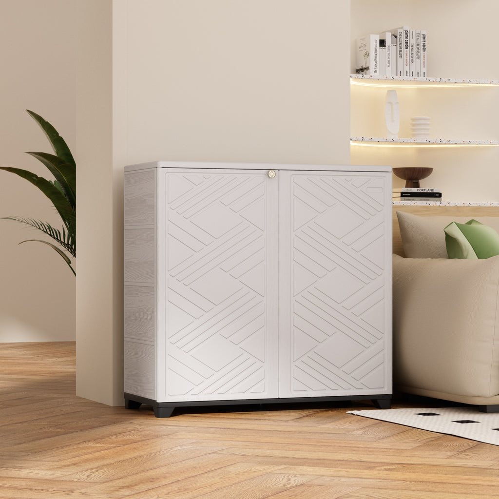 Diamond Cabinet with 2 Shelves, White 33.5×15.1×34.3 Inch - Waterproof UV-Resistant Outdoor Storage for Garden, Pool & Indoor - Organize Hoses, Cushions, Seasonal Decor