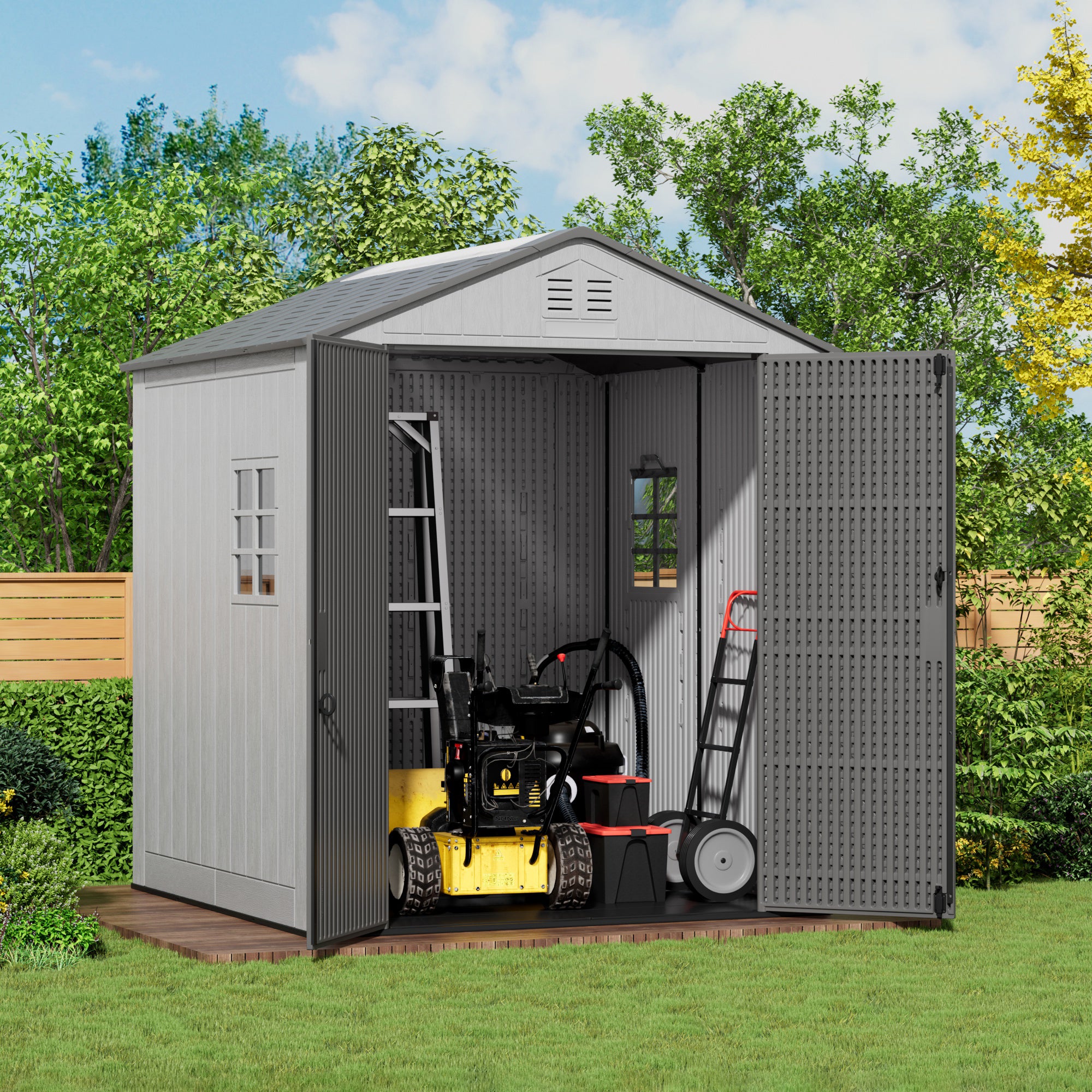 KINYING  Outdoor Storage Shed with Floor,Resin Outdoor Garden Tool Shed with Windows,Lockable Weather Resistant Large Plastic Shed for Bike Storage,Lawn Mower,Pool Supplies