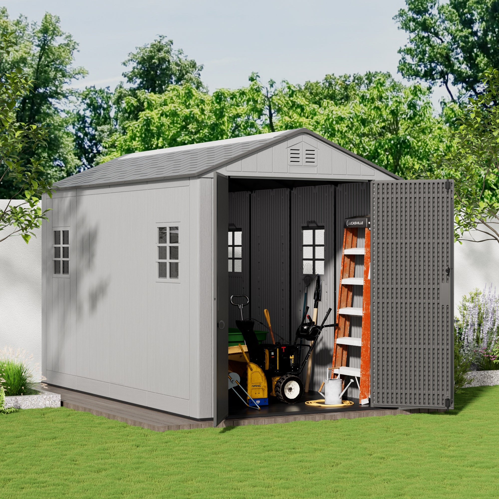 KINYING  Outdoor Storage Shed with Floor,Resin Outdoor Garden Tool Shed with Windows,Lockable Weather Resistant Large Plastic Shed for Bike Storage,Lawn Mower,Pool Supplies
