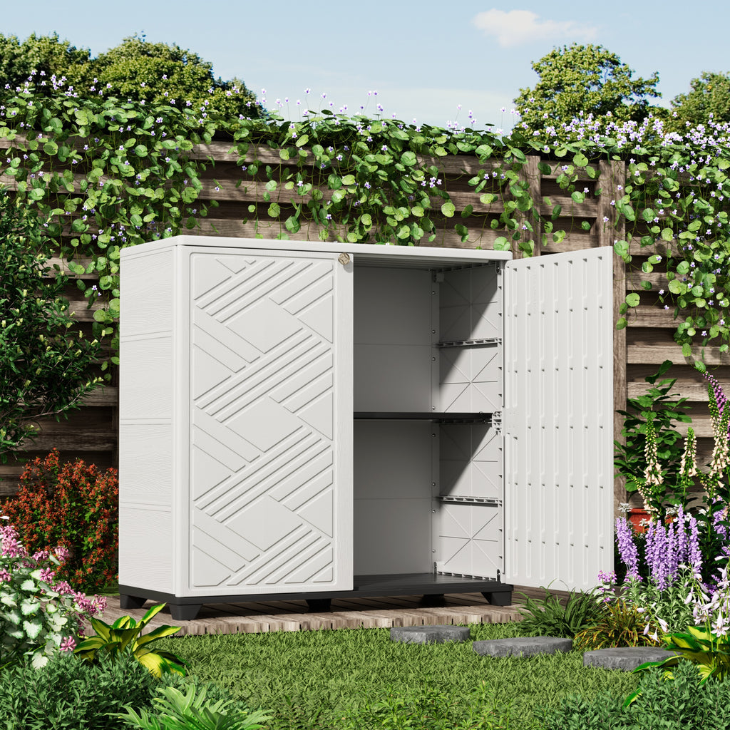 Diamond Cabinet with 2 Shelves, White 33.5×15.1×34.3 Inch - Waterproof UV-Resistant Outdoor Storage for Garden, Pool & Indoor - Organize Hoses, Cushions, Seasonal Decor
