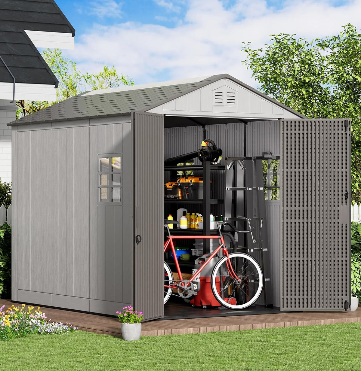 KINYING 6x9 FT Outdoor Storage Shed with Floor,Resin Outdoor Garden Tool Shed with Windows,Lockable 