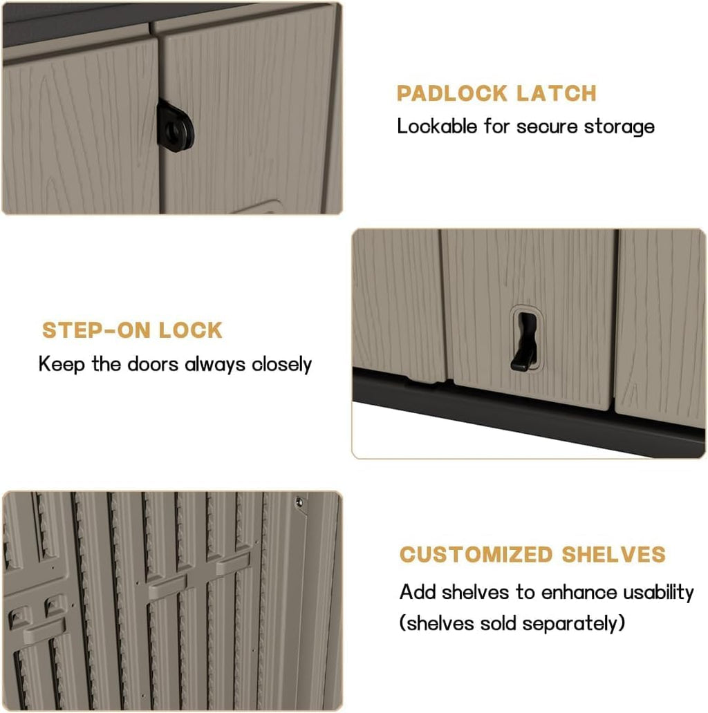 KINYING Outdoor Horizontal Storage Sheds,37 Cu.ft Outdoor Storage Cabinet Waterproof Resin Tool Storage Box Plastic Shed Organiser