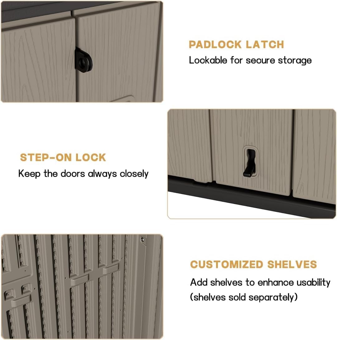 KINYING Outdoor Horizontal Storage Sheds,37 Cu.ft Outdoor Storage Cabinet Waterproof Resin Tool Storage Box Plastic Shed Organiser