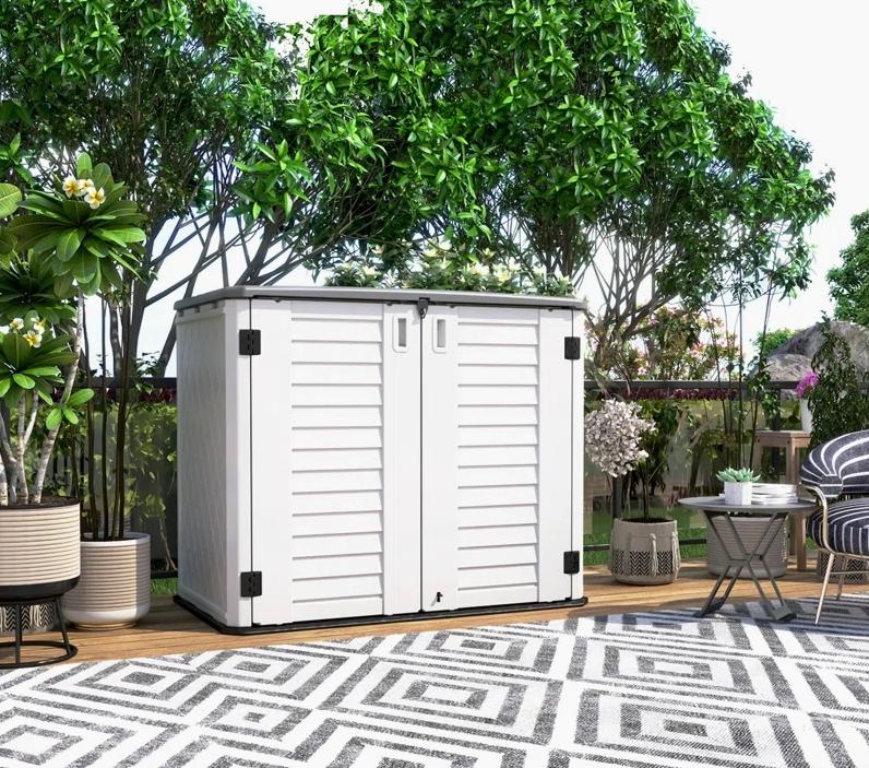 KINYING Outdoor Storage Shed - Horizontal Storage Box Waterproof for Garden, Patios, Backyards, Multi-Opening Door for Easy Storage of Garbage Cans, Tools, Lawn Mower, 26 Cubic Feet,Brown